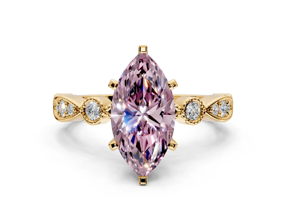 Solitaire Engagement Ring Setting for Fancy Pink Marquise Center with Milgrain Bezel Accents and Prong Head in Yellow Gold