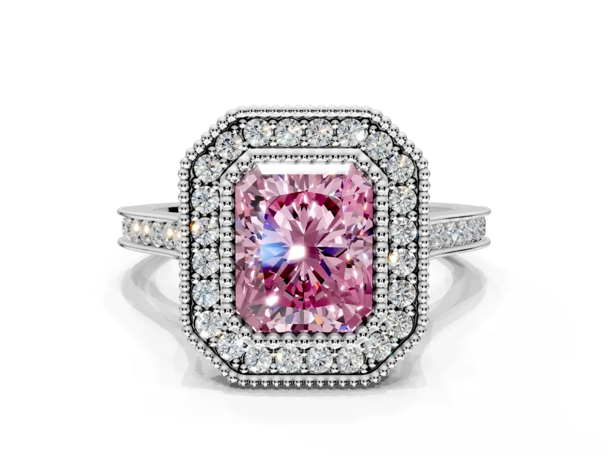 Halo Engagement Ring Setting for Fancy Pink Radiant Cut Center with Milgrain Frame, Pave Band and Prong Head in White Gold