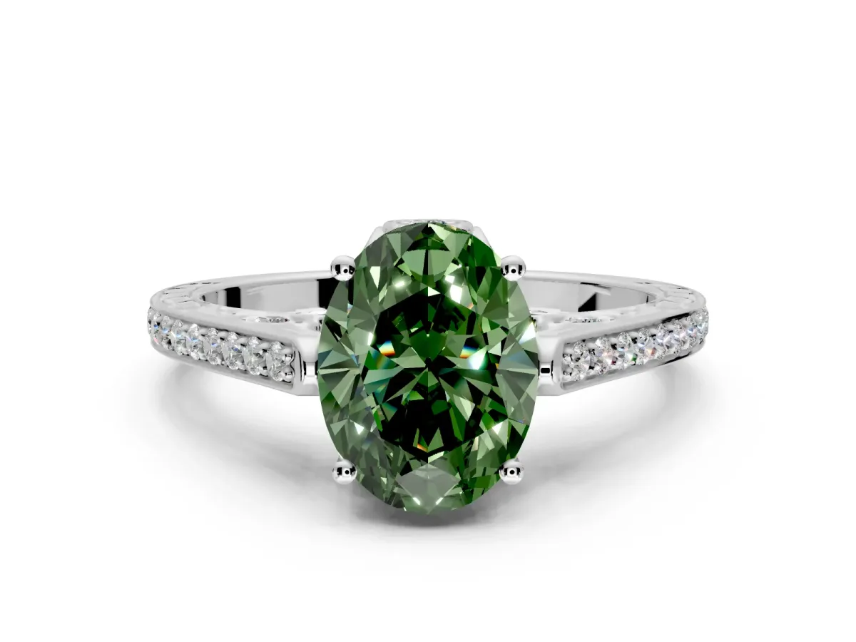 Cathedral Engagement Ring Setting for Fancy Green Oval Center with Antique-Style Pave Band and Prong Head in White Gold