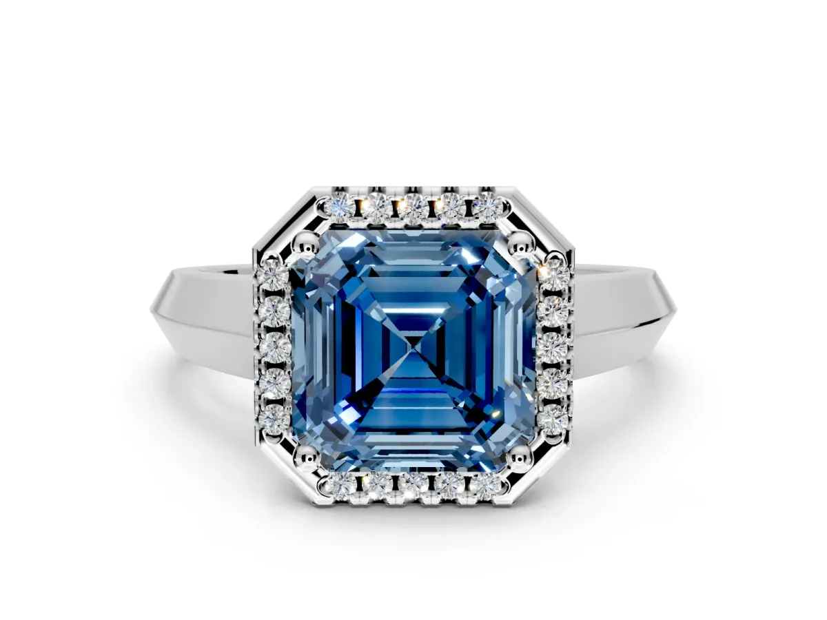 Halo Engagement Ring Setting for Fancy Blue Asscher Cut Center with Knife Ridge Cathedral Band and Prong Head in White Gold