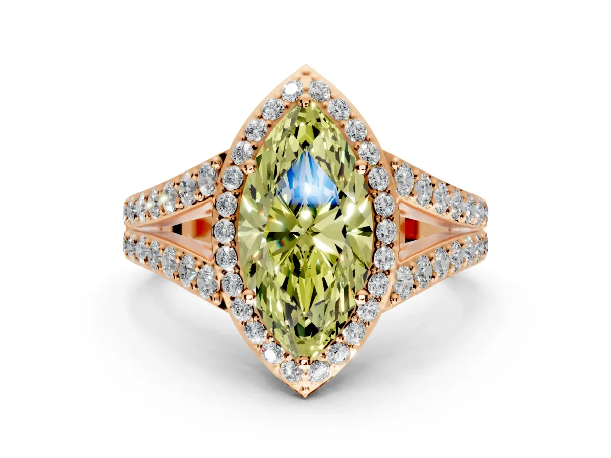 Halo Engagement Ring Setting for Fancy Yellow Marquise Center with Narrow Pave Split Shank and Prong Head in Rose Gold