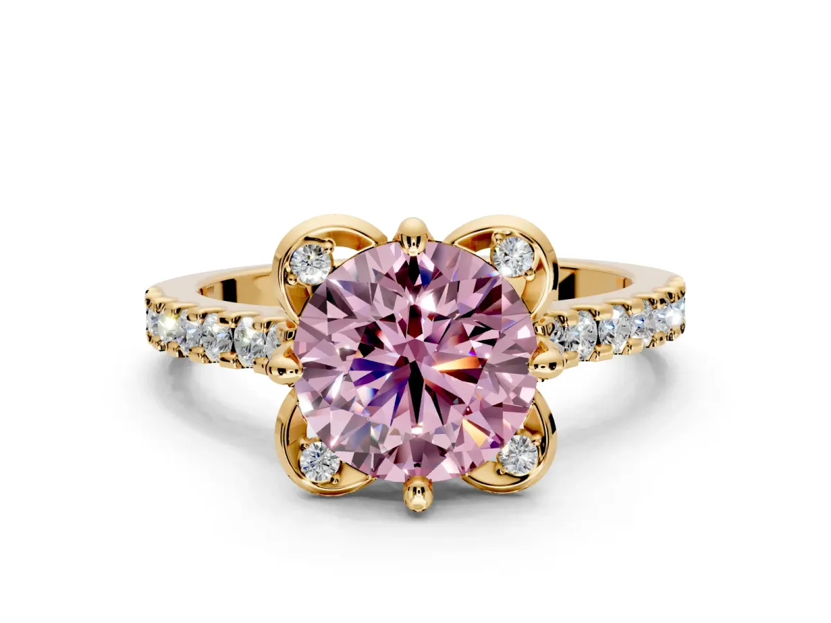 Floral Engagement Ring Setting for Fancy Pink Round Cut Center with Pave Band and Floral Prong Head in Yellow Gold
