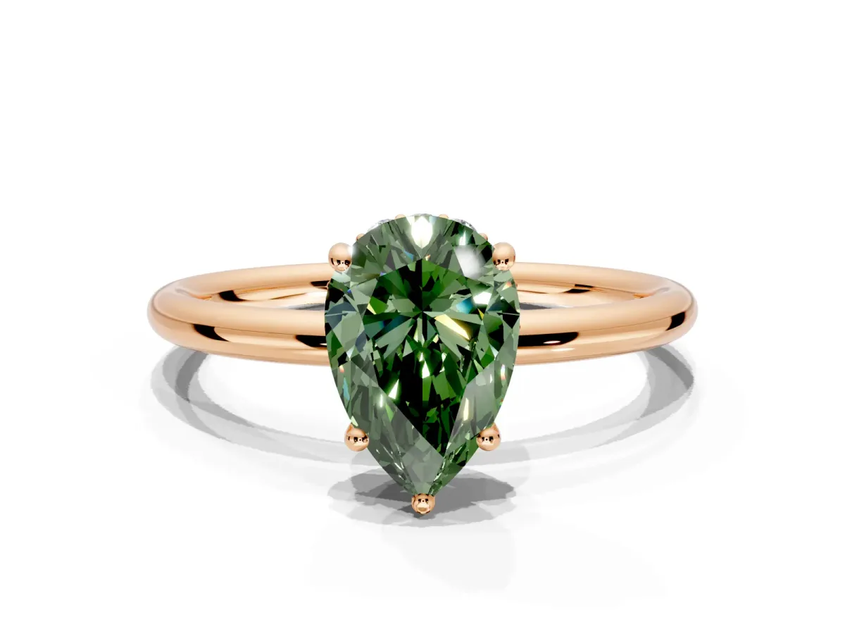 Solitaire Engagement Ring Setting for Fancy Green Pear-Shaped Center with Plain Band, Open Basket and Prong Head in Rose Gold