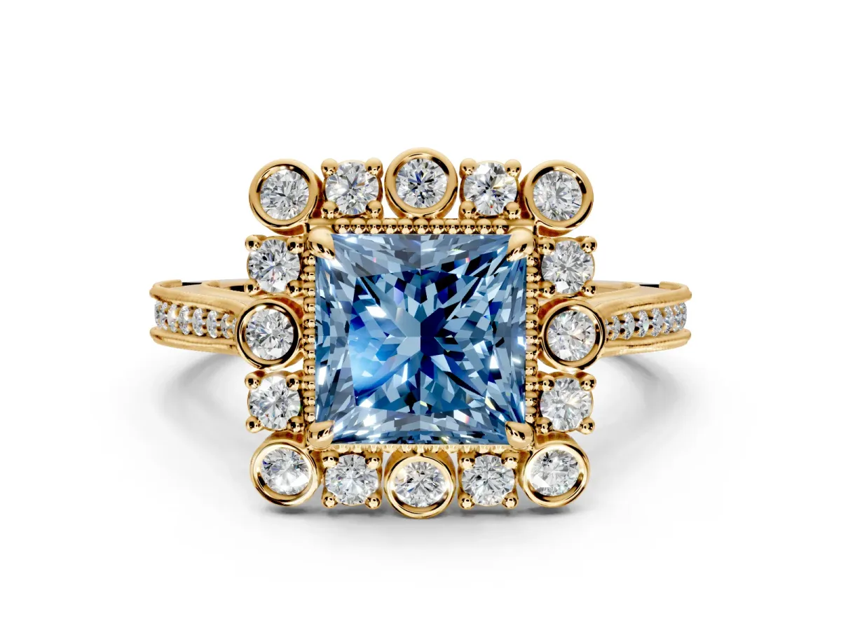 Milgrain Halo Engagement Ring Setting for Fancy Blue Princess Cut Center with Bezel Point Accents and Prong Head in Yellow Gold