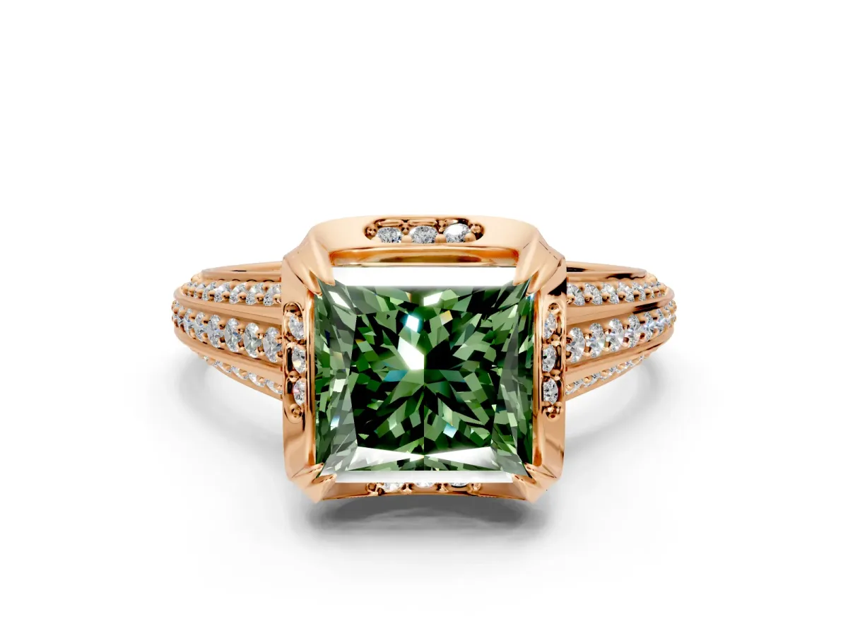 Solitaire Engagement Ring Setting for Fancy Green Princess Cut Center with Accented Split Shank and Prong Head in Rose Gold
