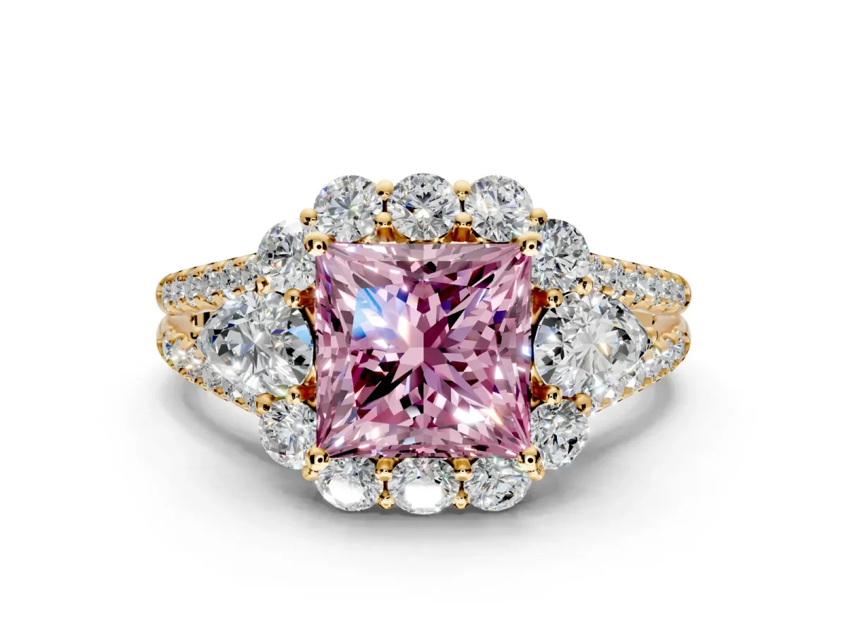 Halo Engagement Ring Setting for Fancy Pink Princess Cut Center with Two-Strand Split Shank and Prong Head in Yellow Gold