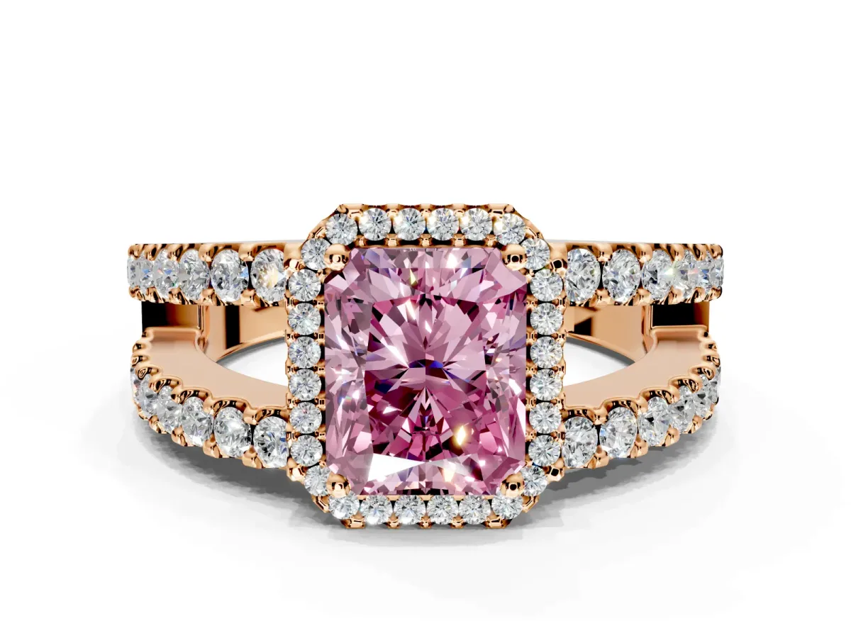 Halo Engagement Ring Setting for Fancy Pink Radiant Cut Center with Wide-Open Pave Split Shank and Prong Head in Rose Gold