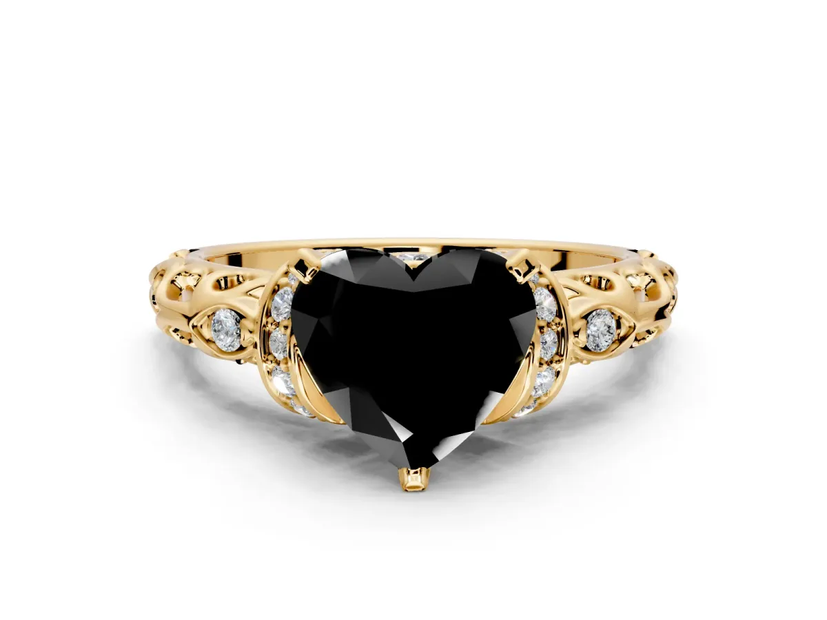 Solitaire Engagement Ring Setting for Fancy Black Heart-Shaped Center with Filigree Band and Prong Head in Yellow Gold