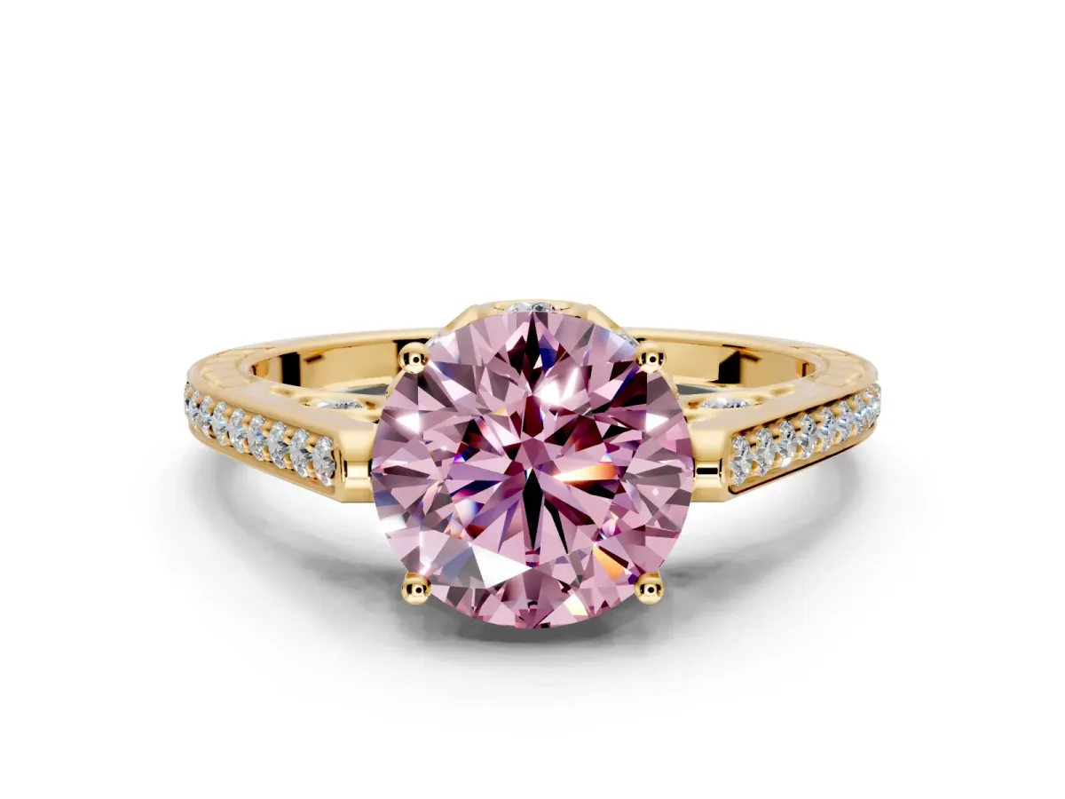 Cathedral Engagement Ring Setting for Fancy Pink Round Cut Center with Antique-Style Pave Band and Prong Head in Yellow Gold