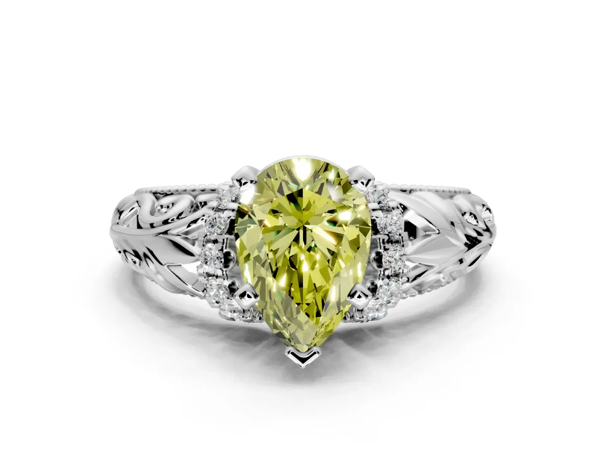 Solitaire Engagement Ring Setting for Fancy Yellow Pear-Shaped Center with Filigree Accent Basket and Prong Head in Platinum