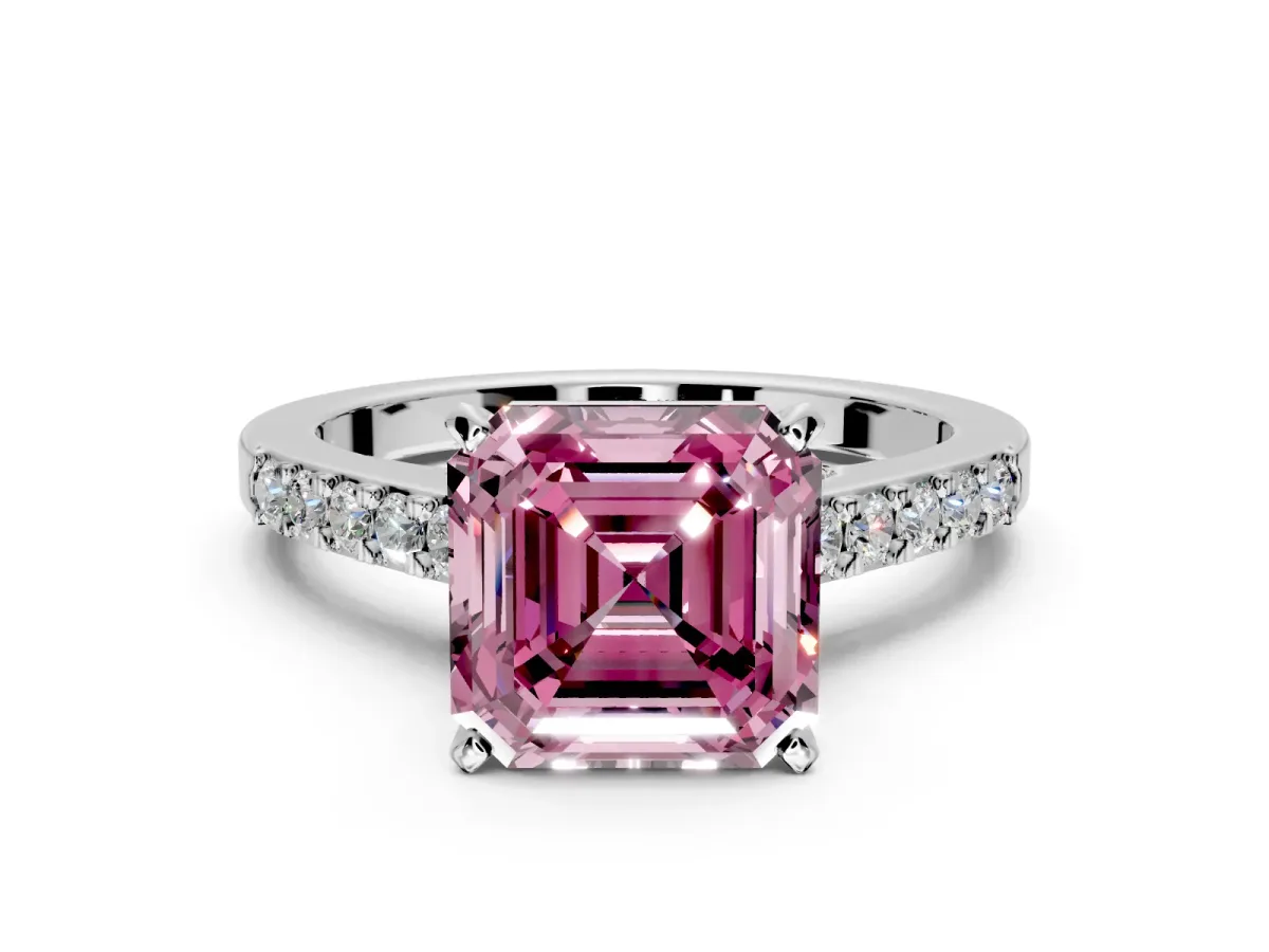 Solitaire Engagement Ring Setting for Fancy Pink Asscher Cut Center with Crossover Accents and Prong Head in Sterling Silver