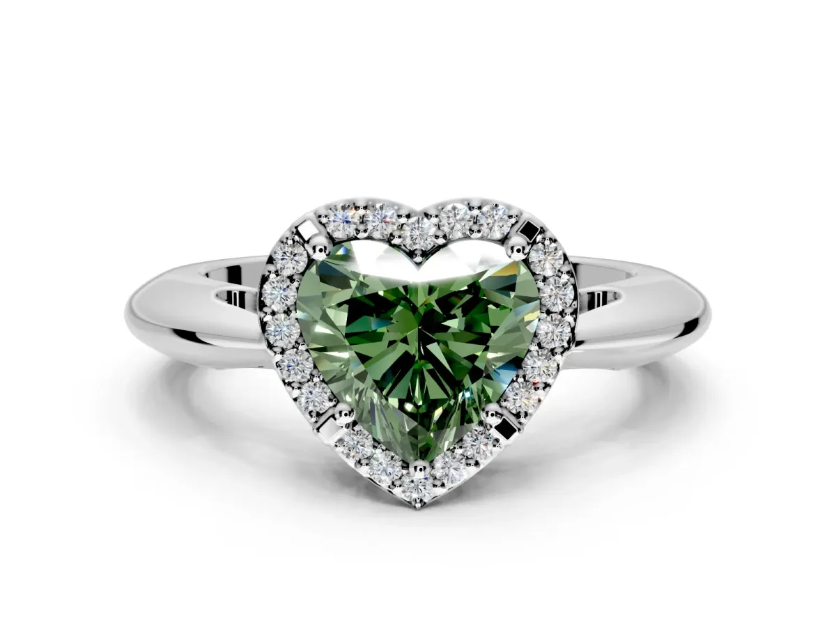 Halo Engagement Ring Setting for Fancy Green Heart-Shaped Center with Tapered Plain Band and Prong Head in White Gold