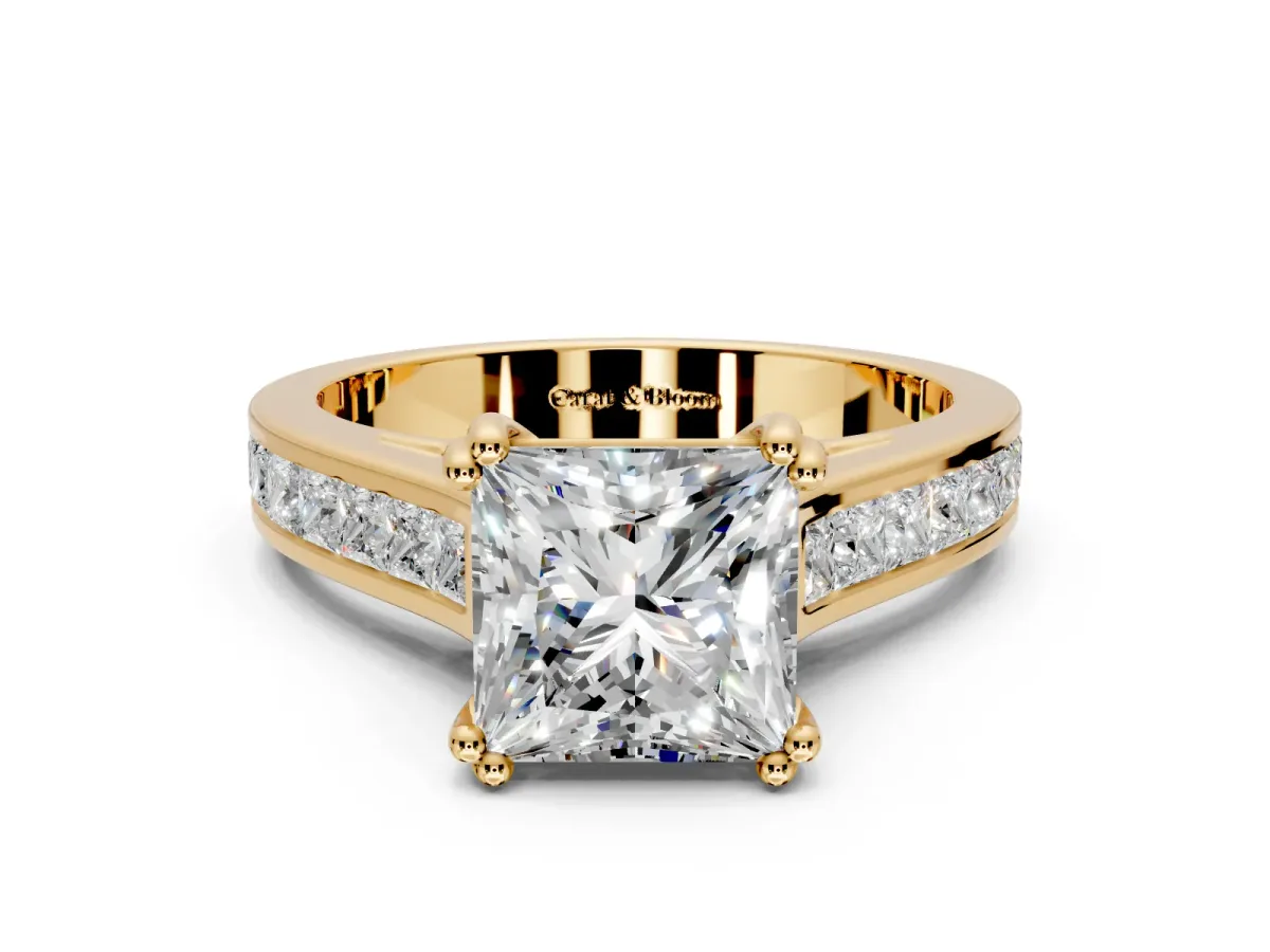 Solitaire Engagement Ring Setting for Princess Cut Center with Channel Band and Double Claw Prong Head in Yellow Gold