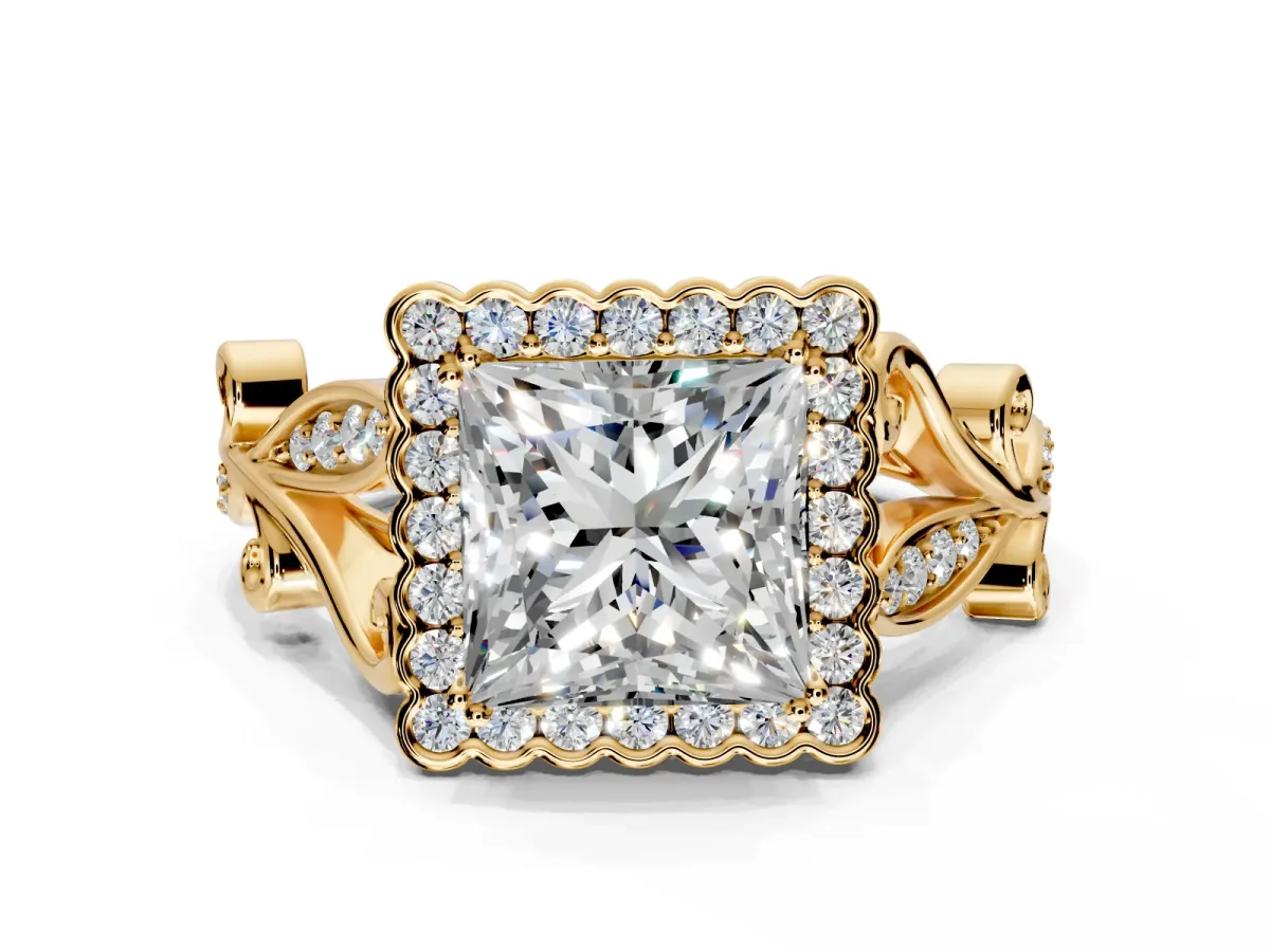 Halo Engagement Ring Setting for Princess Cut Center with Leaf Motif Split Shank and Prong Head in Yellow Gold