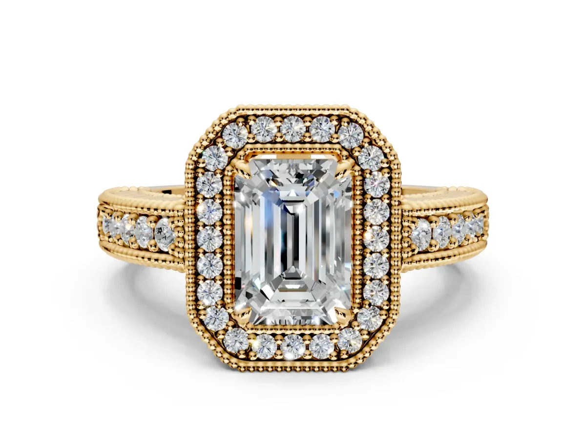 Milgrain Halo Engagement Ring Setting for Emerald Cut Center with Pave Band and Prong Head in Yellow Gold