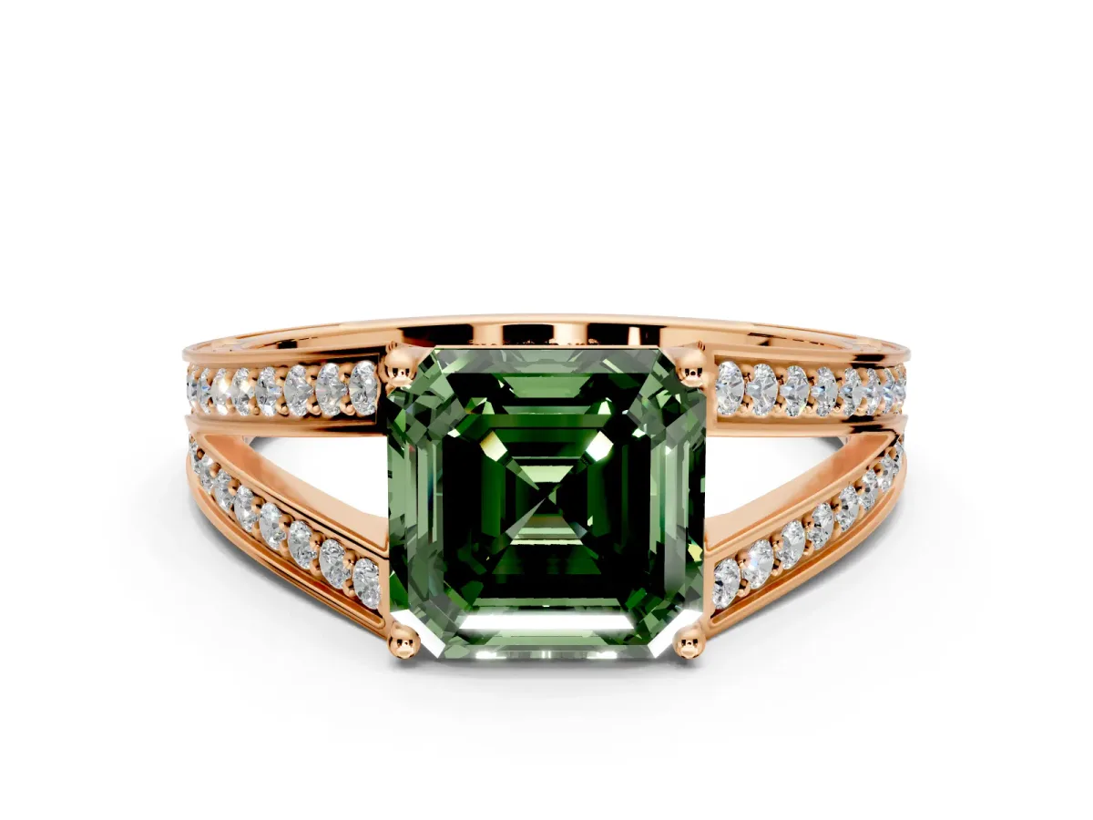 Split Shank Engagement Ring Setting for Fancy Green Asscher Cut Center with Pave Split Shank and Prong Head in Rose Gold