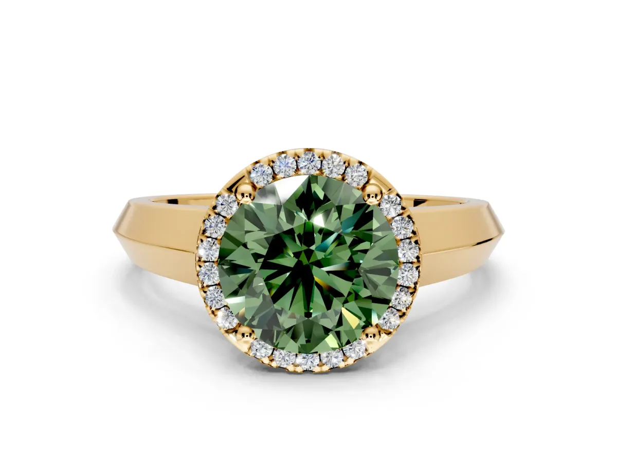 Halo Engagement Ring Setting for Fancy Green Round Cut Center with Knife Ridge Cathedral Band and Prong Head in Yellow Gold