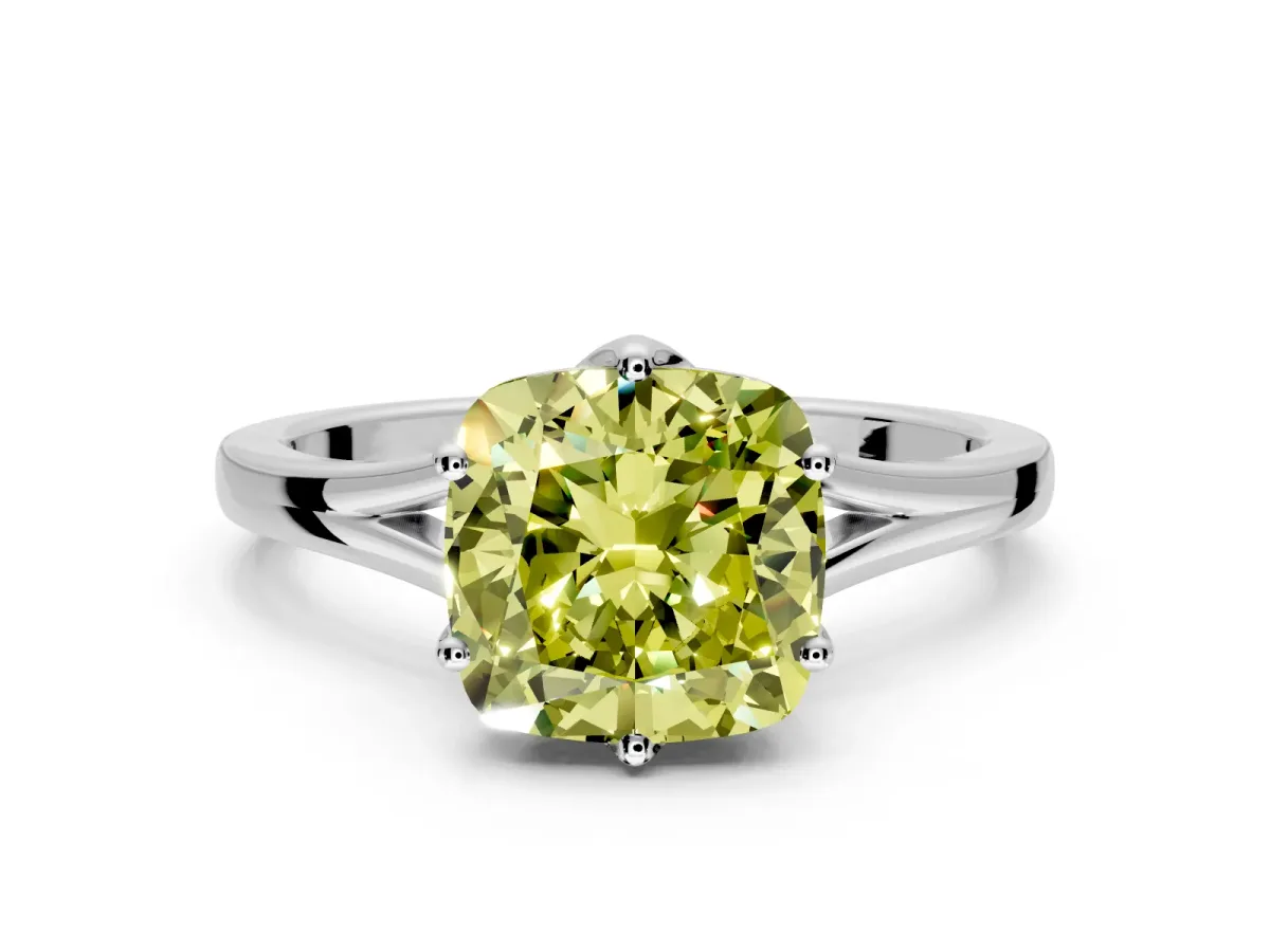 Solitaire Engagement Ring Setting for Fancy Yellow Cushion Cut Center with Plain Split Shank and Prong Head in White Gold