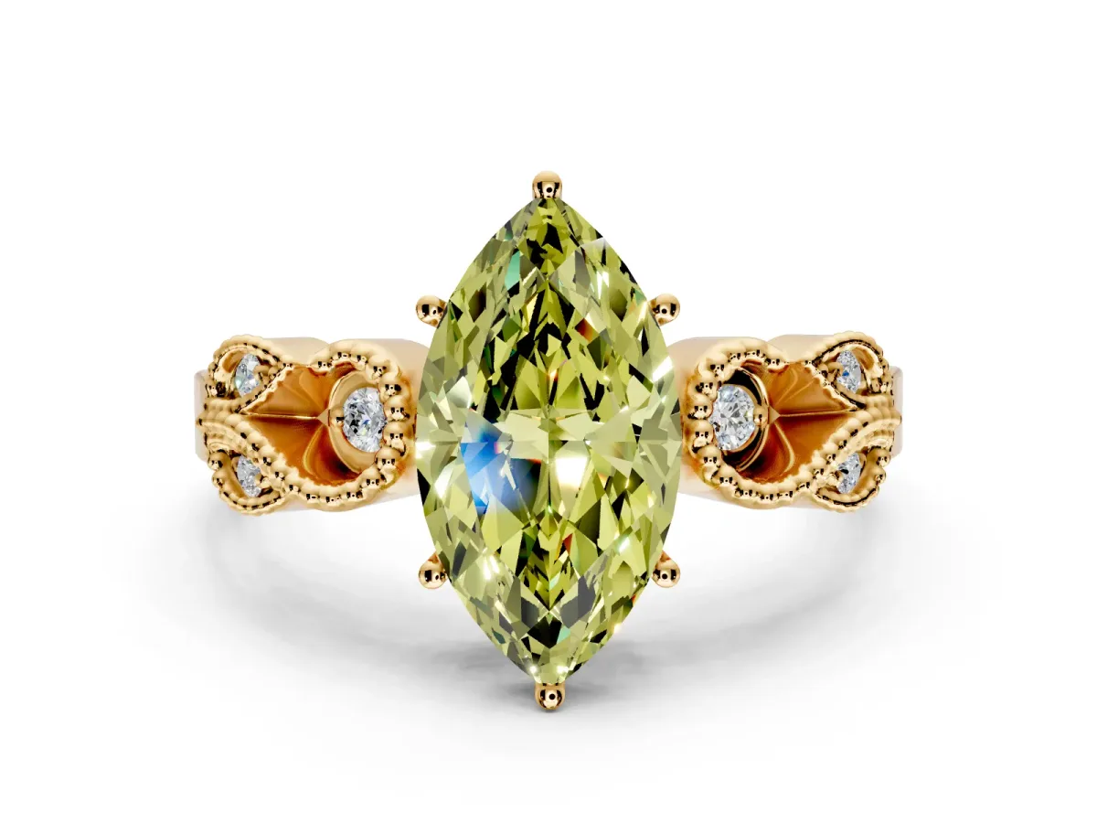 Leaf Engagement Ring Setting for Fancy Yellow Marquise Center with Milgrain Accent Band and Prong Head in Yellow Gold