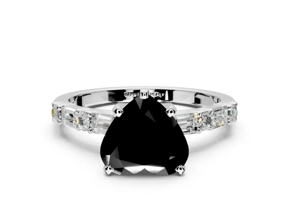 Baguette Engagement Ring Setting for Fancy Black Heart-Shaped Center with Alternating Bar-Set Band and Prong Head in White Gold