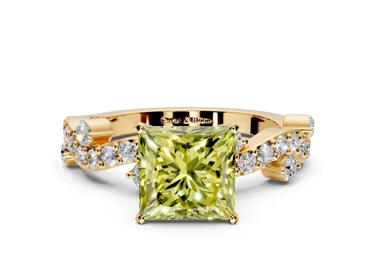Solitaire Engagement Ring Setting for Fancy Yellow Princess Cut Center with Bar-Station Pave Twist and Prong Head in Yellow Gold