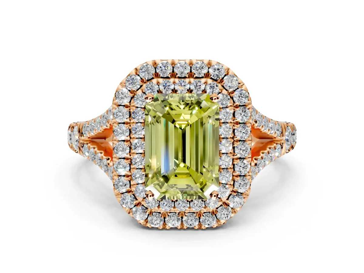 Double Halo Engagement Ring Setting for Fancy Yellow Emerald Cut Center with Narrow Pave Split Shank and Prong Head in Rose Gold