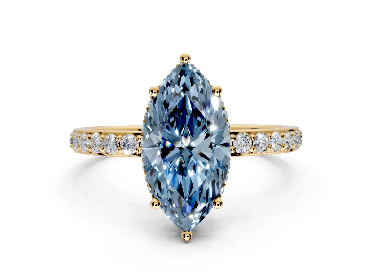 Hidden Halo Engagement Ring Setting for Fancy Blue Marquise Center with Pave Band and Prong Head in Yellow Gold