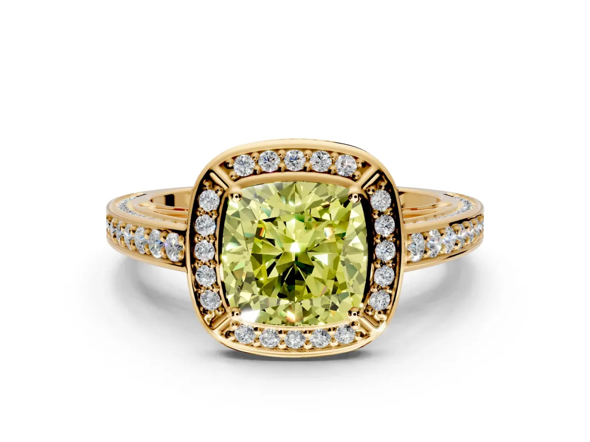 Halo Engagement Ring Setting for Fancy Yellow Cushion Cut Center with Framed Halo, Pave Band and Prong Head in Yellow Gold
