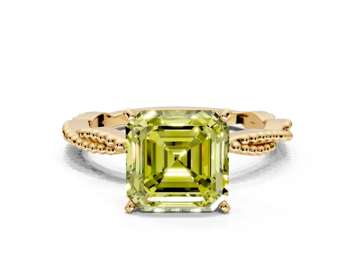 Solitaire Engagement Ring Setting for Fancy Yellow Asscher Cut Center with Twist Band and Bead Prong Head in Yellow Gold
