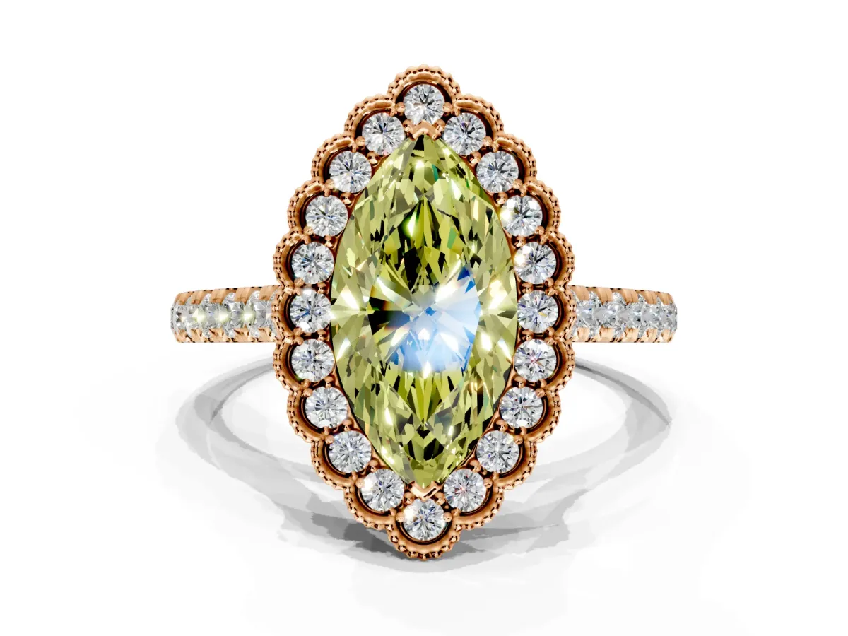 Milgrain Floral Halo Engagement Ring Setting for Fancy Yellow Marquise Center with Pave Band and Prong Head in Rose Gold
