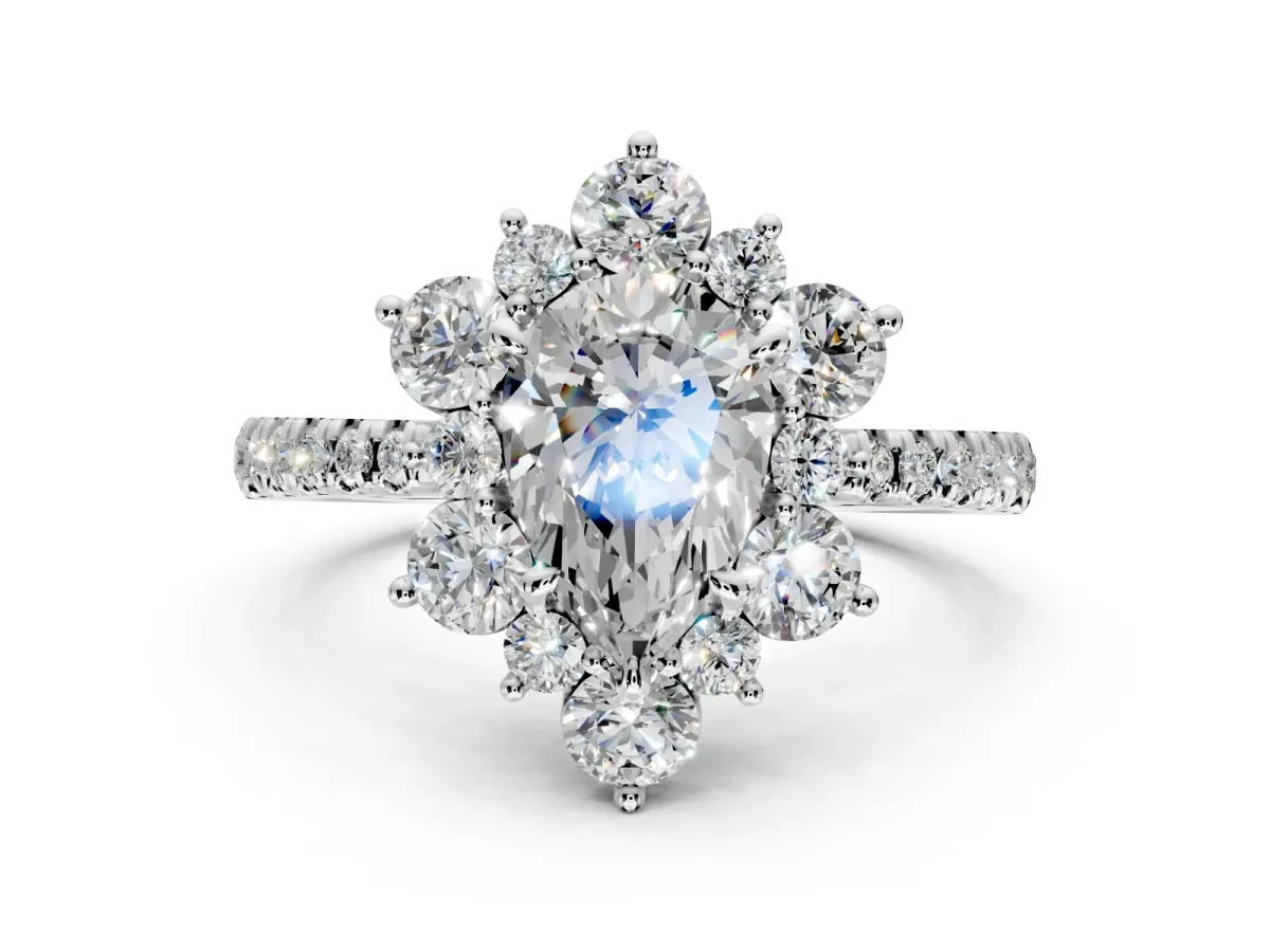 Floral Halo Engagement Ring Setting for Pear-Shaped Center with Pave Accents and Prong Head in Platinum