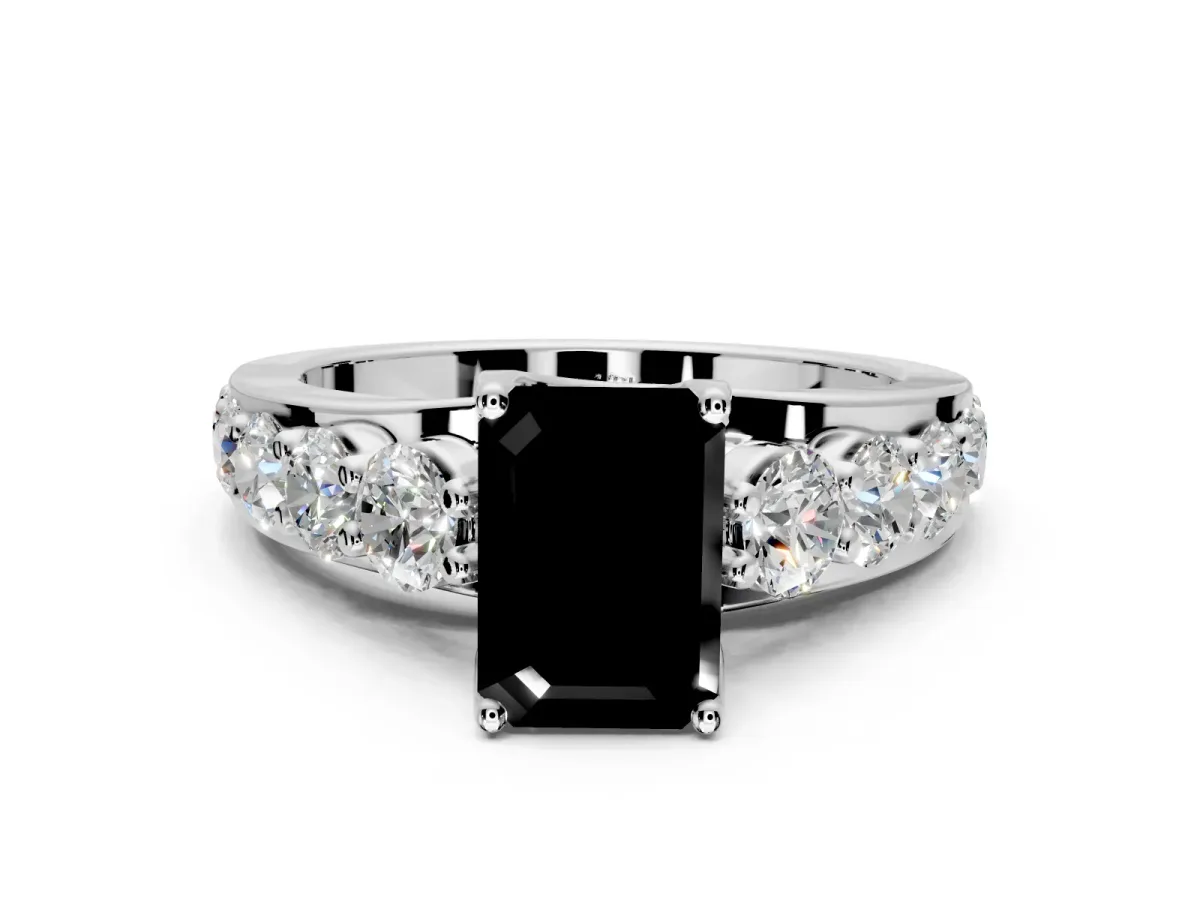 Solitaire Engagement Ring Setting for Fancy Black Emerald Cut Center with Graduated Shared Prongs and Prong Head in Sterling Silver