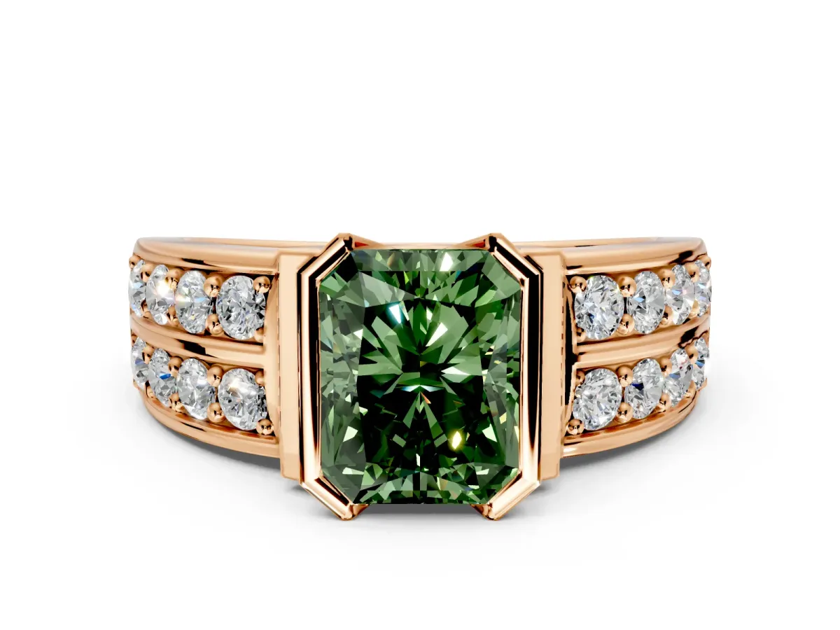 Bezel Engagement Ring Setting for Fancy Green Radiant Cut Center with Wide Channel-Set Band and Bezel Head in Rose Gold