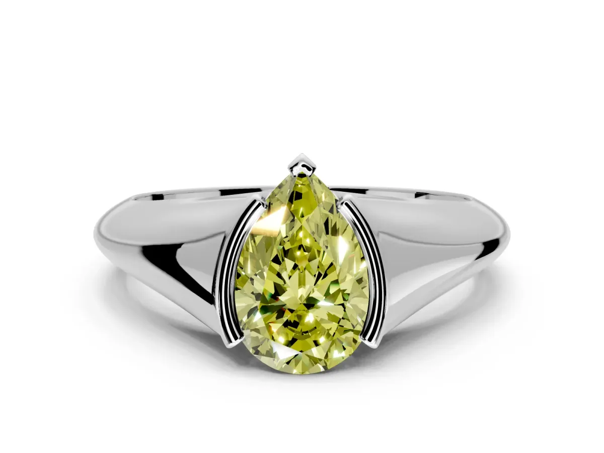 Tension Engagement Ring Setting for Fancy Yellow Pear-Shaped Center with Wide Tapered Band and Tension Head in Sterling Silver