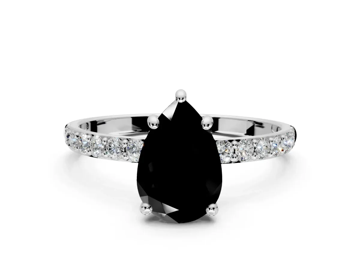 Solitaire Engagement Ring Setting for Fancy Black Pear-Shaped Center with Pave Accents and Prong Head in White Gold