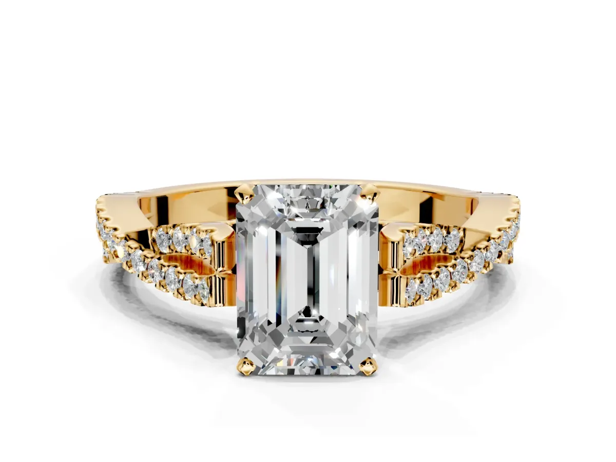 Solitaire Engagement Ring Setting for Emerald Cut Center with Twisted Pave Split Shank and Prong Head in Yellow Gold