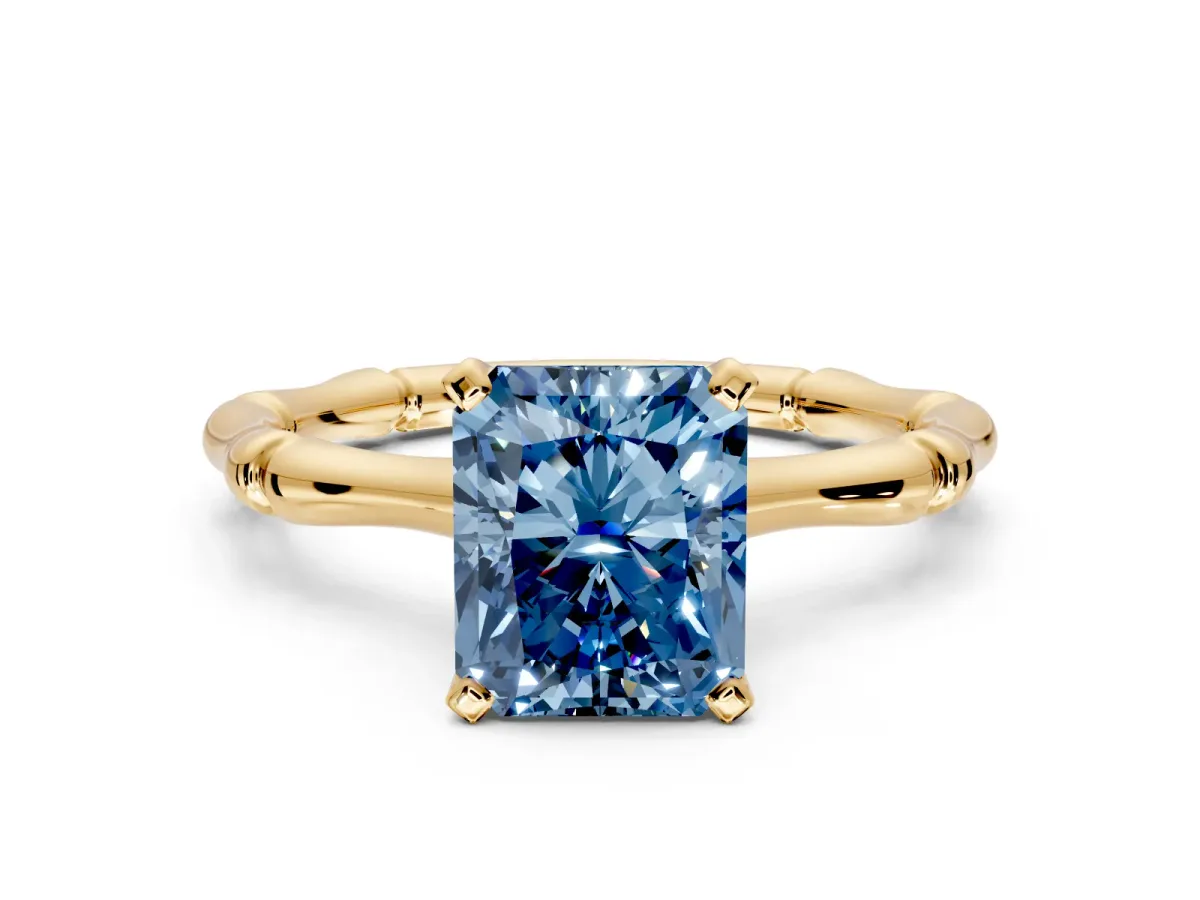 Solitaire Engagement Ring Setting for Fancy Blue Radiant Cut Center with Bamboo Band and Prong Head in Yellow Gold