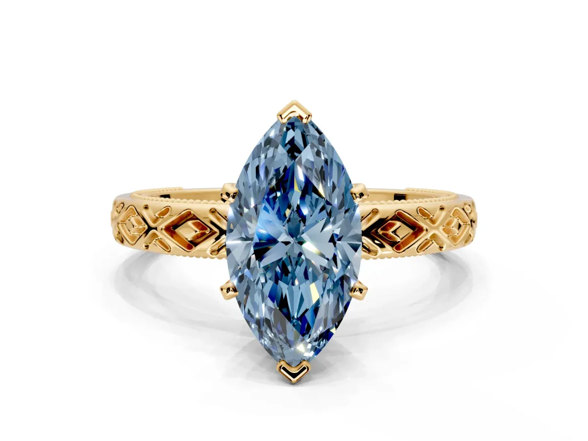 Solitaire Engagement Ring Setting for Fancy Blue Marquise Center with Milgrain X Pattern Band and Prong Head in Yellow Gold