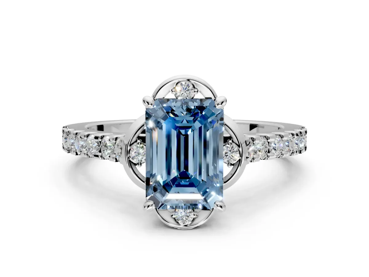 Floral Engagement Ring Setting for Fancy Blue Emerald Cut Center with Pave Band and Floral Prong Head in White Gold