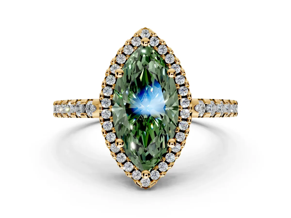 Accent Halo Engagement Ring Setting for Fancy Green Marquise Center with Full-Length Pave Band and Prong Head in Yellow Gold