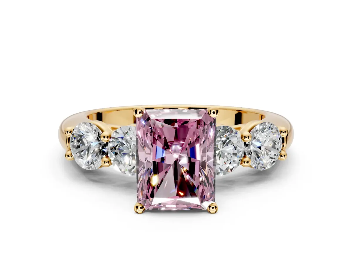5 Stone Engagement Ring Setting for Fancy Pink Radiant Cut Center with Graduated Accents and Prong Head in Yellow Gold