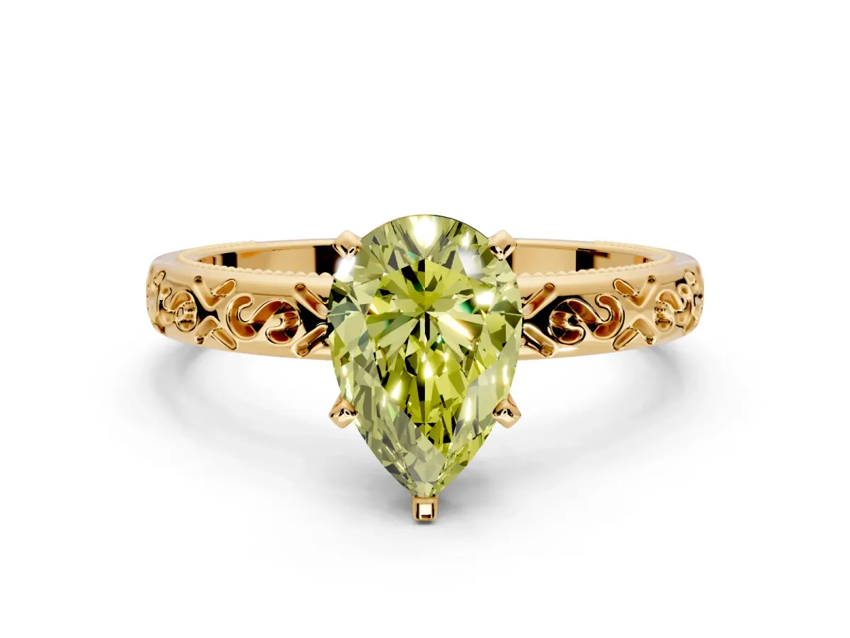 Solitaire Engagement Ring Setting for Fancy Yellow Pear-Shaped Center with Scrollwork Band and Prong Head in Yellow Gold
