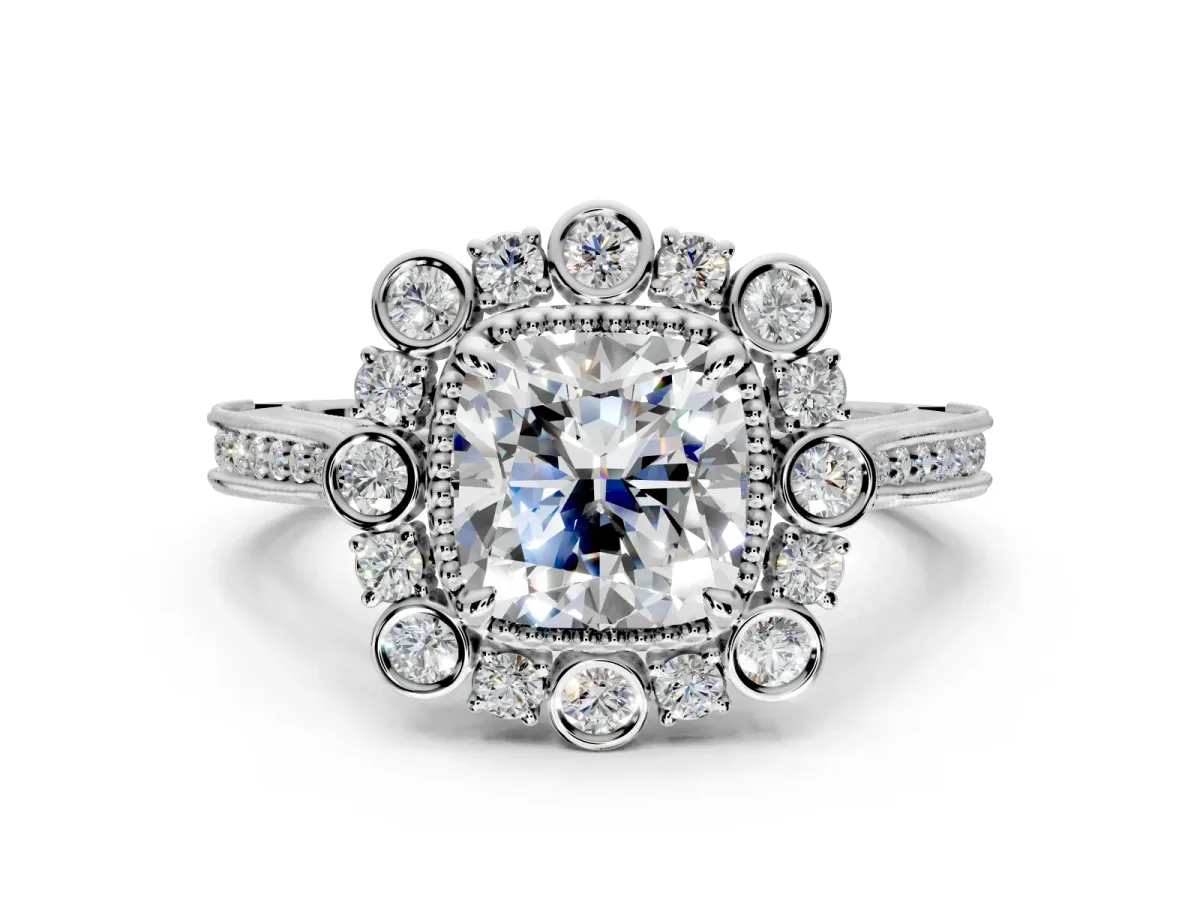 Milgrain Halo Engagement Ring Setting for Cushion Cut Center with Bezel Point Accents and Prong Head in White Gold