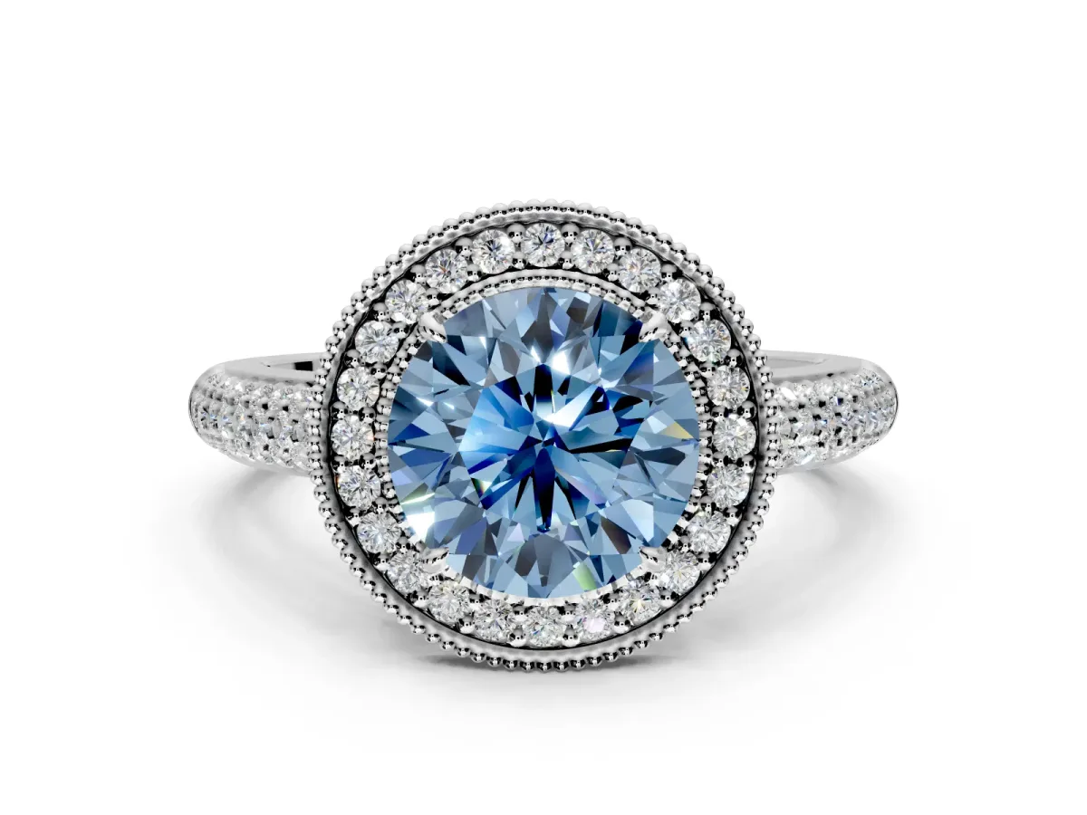 Milgrain Halo Engagement Ring Setting for Fancy Blue Round Cut Center with Three-Sided Pave Band and Prong Head in Sterling Silver