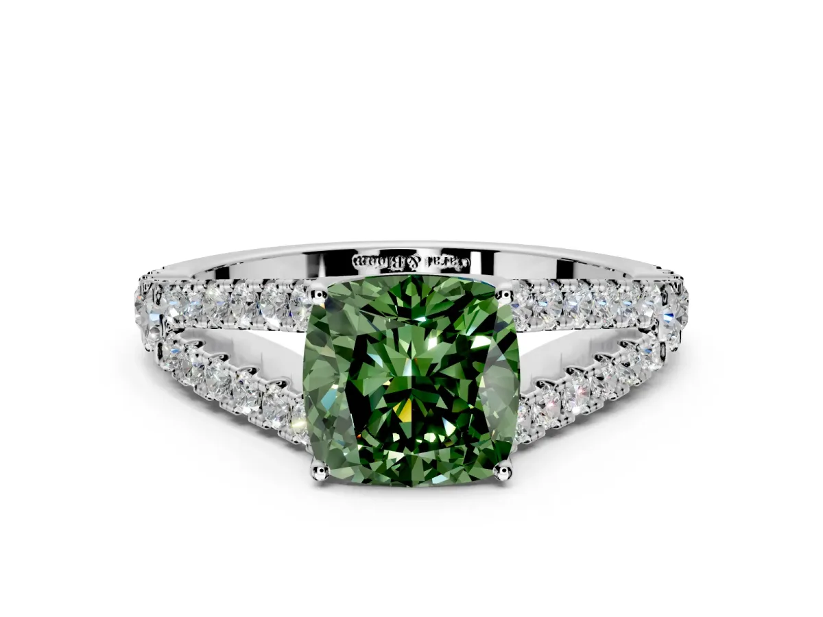 Solitaire Engagement Ring Setting for Fancy Green Cushion Cut Center with Pave Split Shank and Prong Head in Sterling Silver
