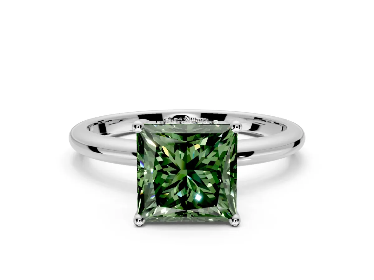 Hidden Halo Engagement Ring Setting for Fancy Green Princess Cut Center with Thin Round-Wire Band and Prong Head in White Gold
