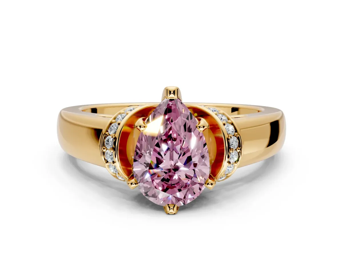 Solitaire Engagement Ring Setting for Fancy Pink Pear-Shaped Center with Wide Band, Pave Collar and Prong Head in Yellow Gold