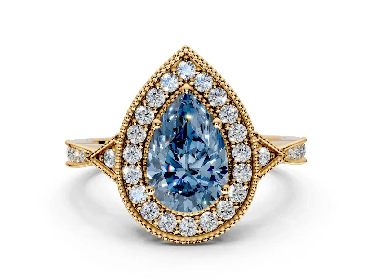 Halo Engagement Ring Setting for Fancy Blue Pear-Shaped Center with Milgrain Rim, Pave Band and Prong Head in Yellow Gold