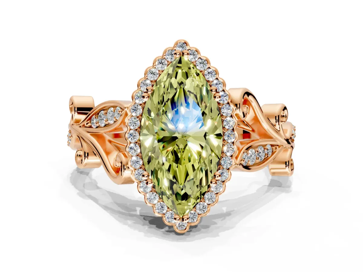 Halo Engagement Ring Setting for Fancy Yellow Marquise Center with Leaf Motif Split Shank and Prong Head in Rose Gold