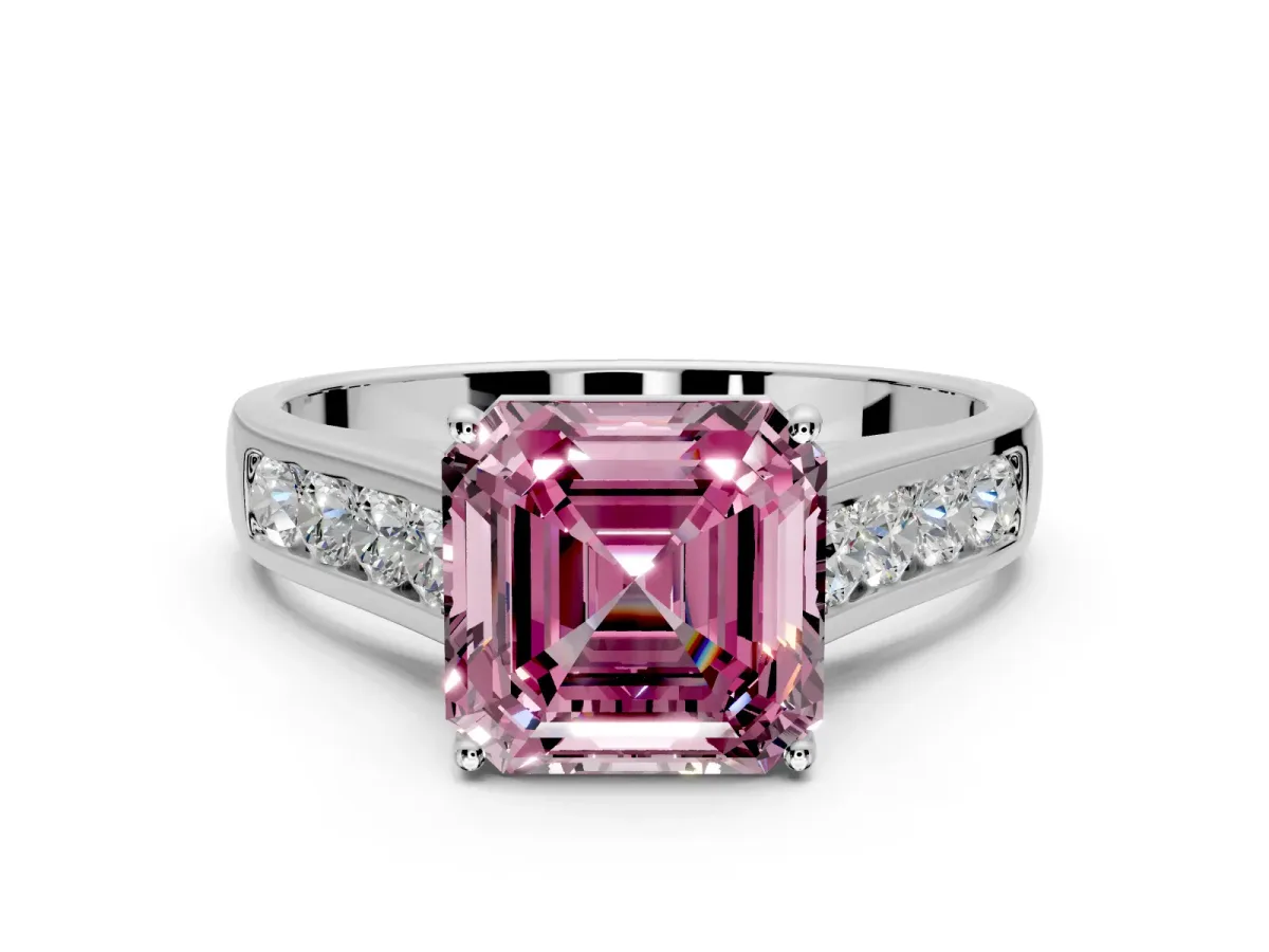 Solitaire Engagement Ring Setting for Fancy Pink Asscher Cut Center with Round Cut Channel Band and Prong Head in White Gold